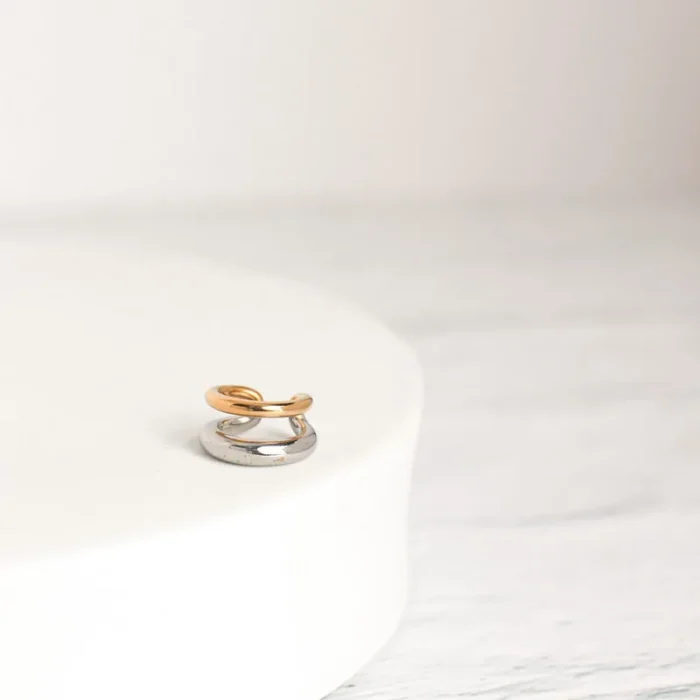 Ατσάλινο σκουλαρίκι ear cuff με δύο σειρές σε διχρωμία- Dual Tone Ear Cuff