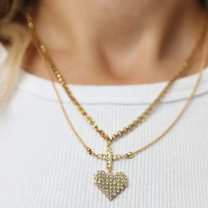 Επίχρυσο κολιέ σταυρός/καρδιά- Double Stranded Necklace