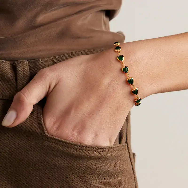 Επίχρυσο Βραχιόλι με πράσινες καρδιές – Emerald Hearts