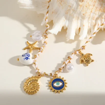 Ατσάλινο κολιέ με λευκή κορδέλα και καλοκαιρινά charms - Greek Summer Necklace