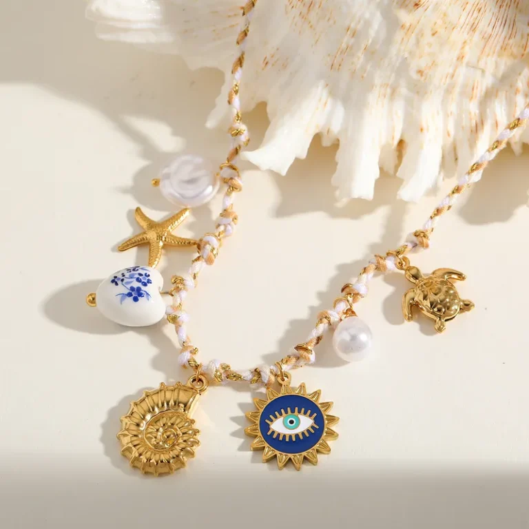 Ατσάλινο κολιέ με λευκή κορδέλα και καλοκαιρινά charms - Greek Summer Necklace