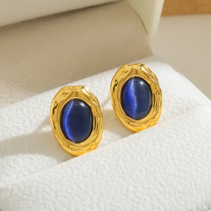 Επιχρυσωμένα ατσάλινα σκουλαρίκια με μπλέ πέτρα-Vintage Blue Stone Earrings